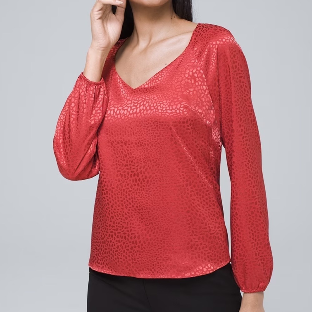 White House Black Market Jacquard Silky Blouse Red Orange XS